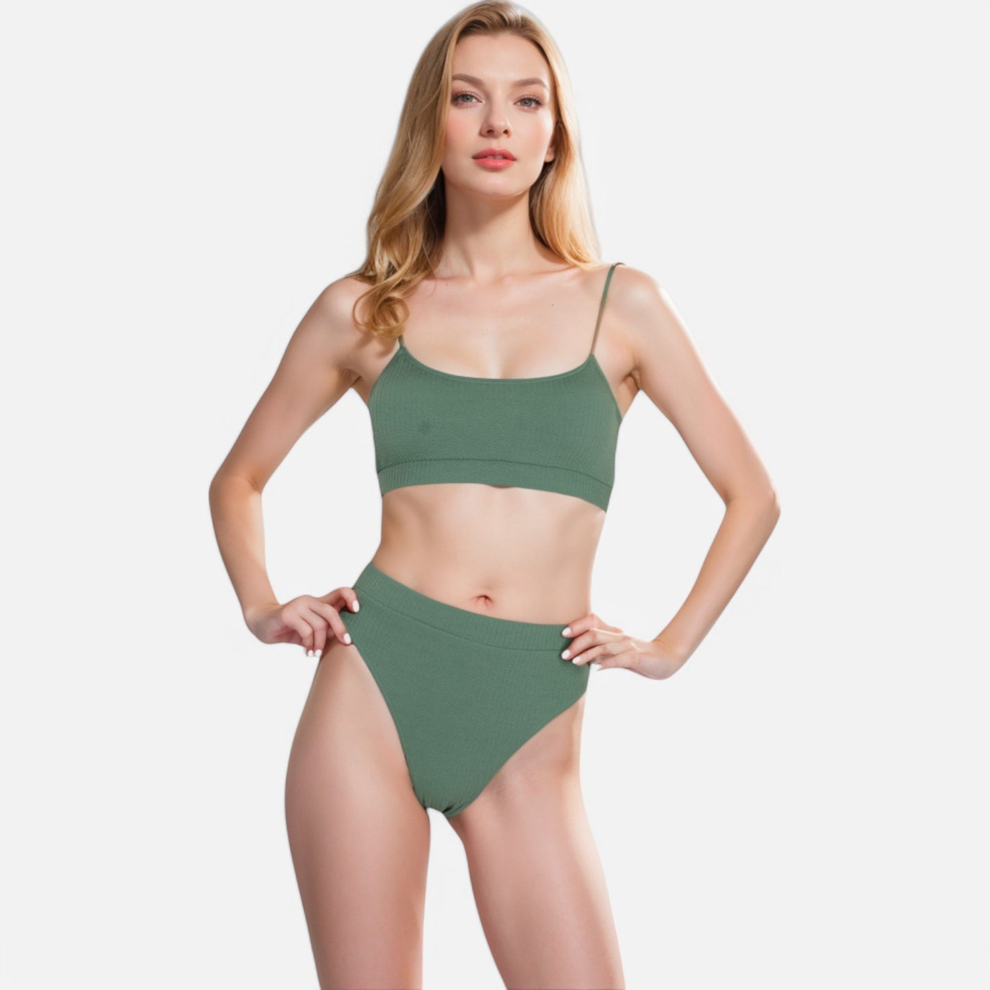 Anna-Kaci Women's Ribbed Bikini Set with Scoop Neck Bralette and High Cut Bottoms