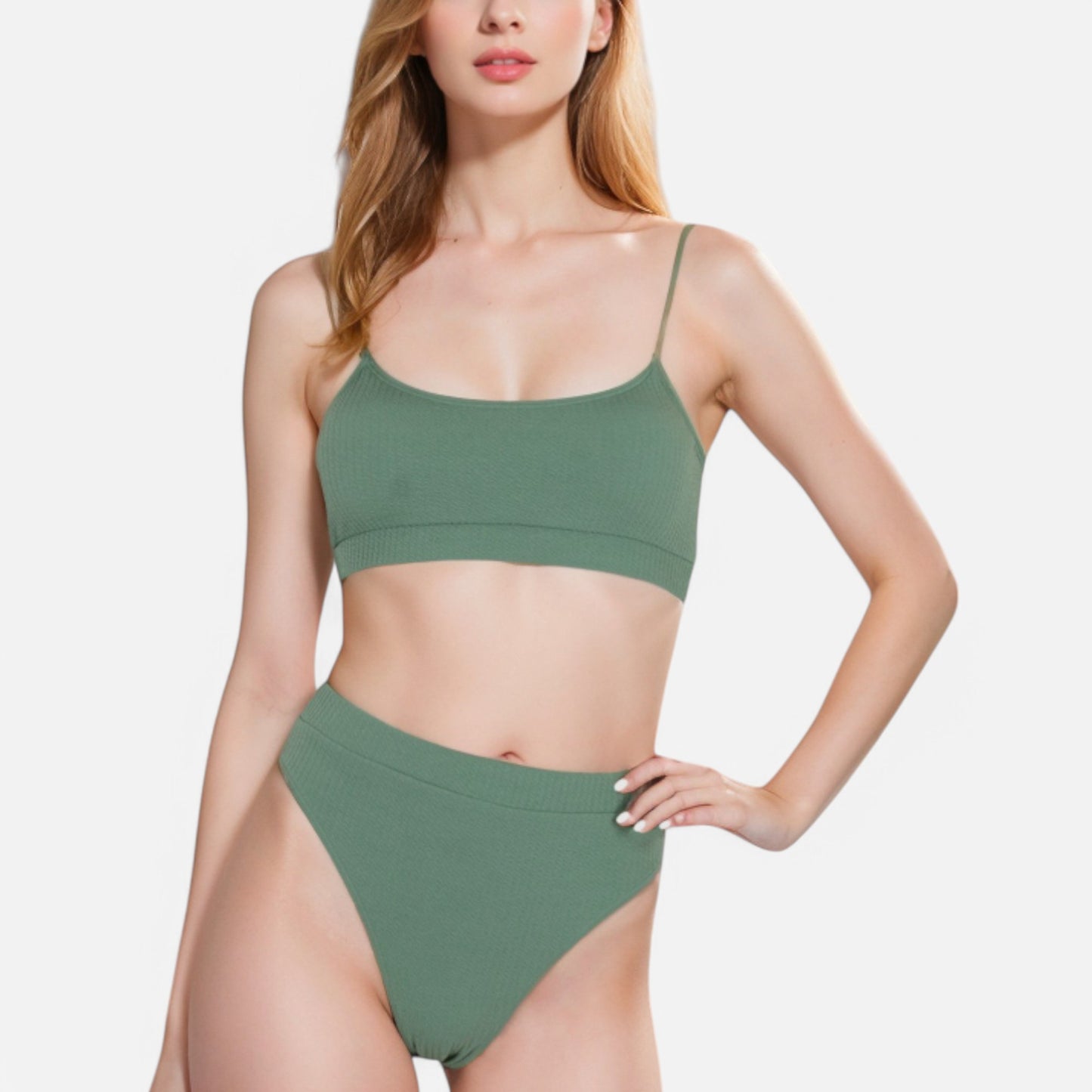 Anna-Kaci Women's Ribbed Bikini Set with Scoop Neck Bralette and High Cut Bottoms