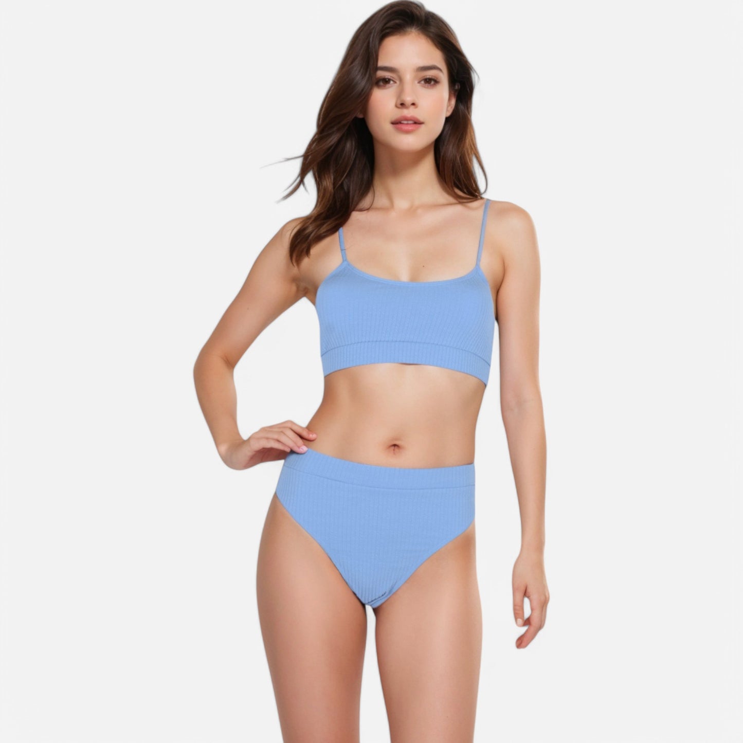 Anna-Kaci Women's Ribbed Bikini Set with Scoop Neck Bralette and High Cut Bottoms