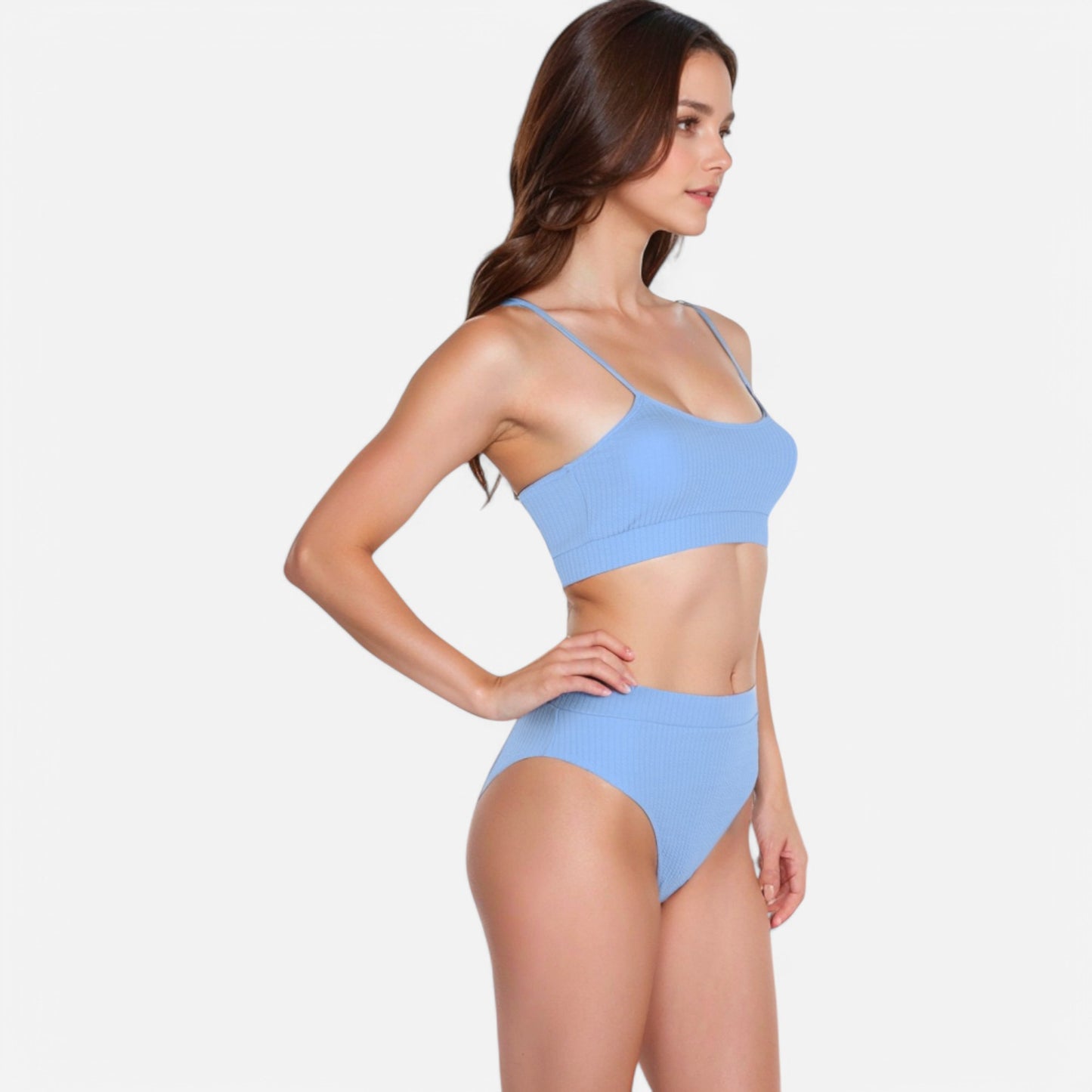 Anna-Kaci Women's Ribbed Bikini Set with Scoop Neck Bralette and High Cut Bottoms