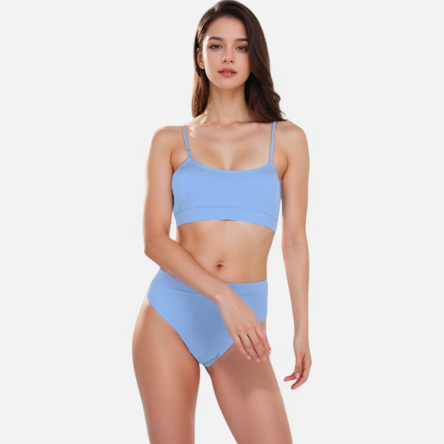 Anna-Kaci Women's Ribbed Bikini Set with Scoop Neck Bralette and High Cut Bottoms