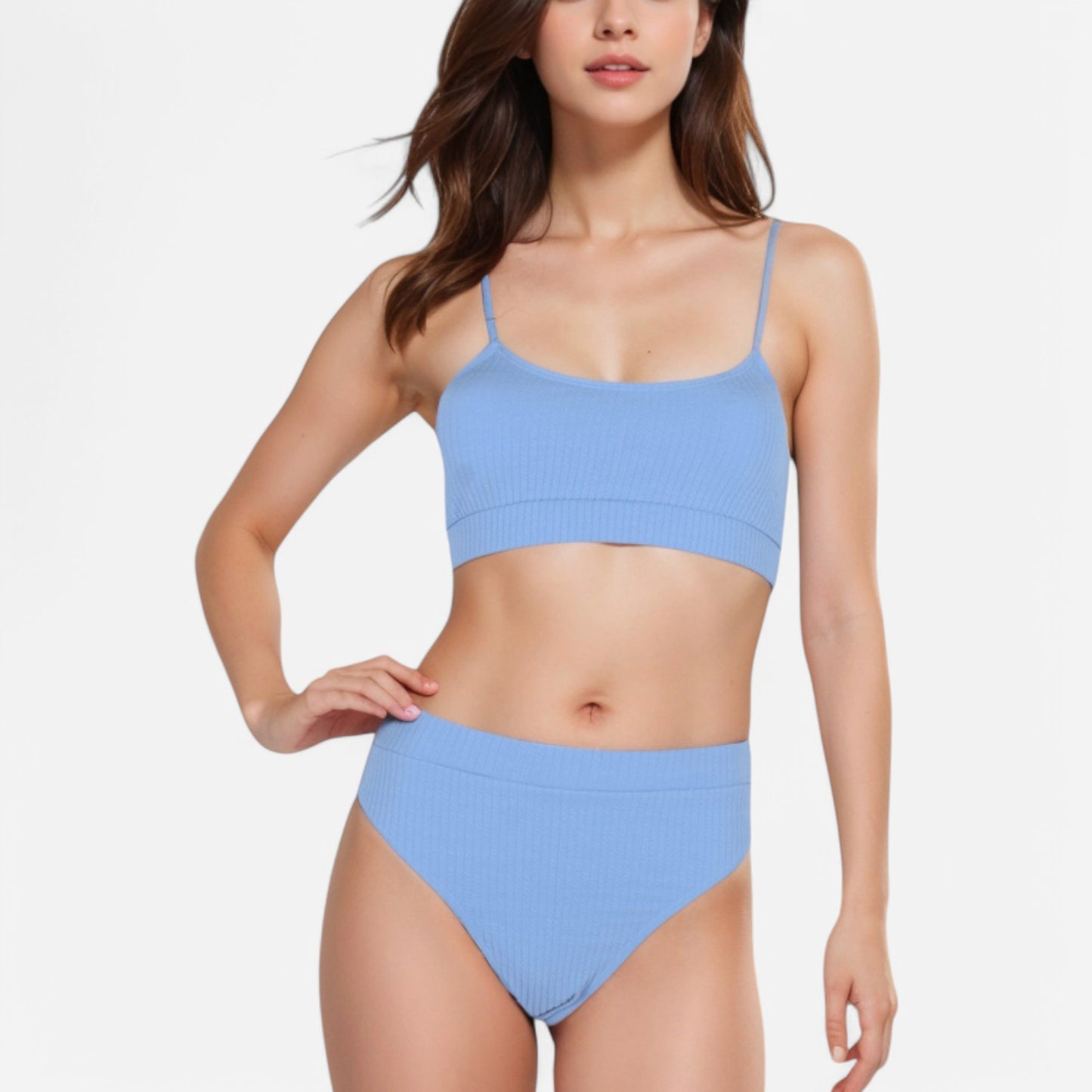 Anna-Kaci Women's Ribbed Bikini Set with Scoop Neck Bralette and High Cut Bottoms