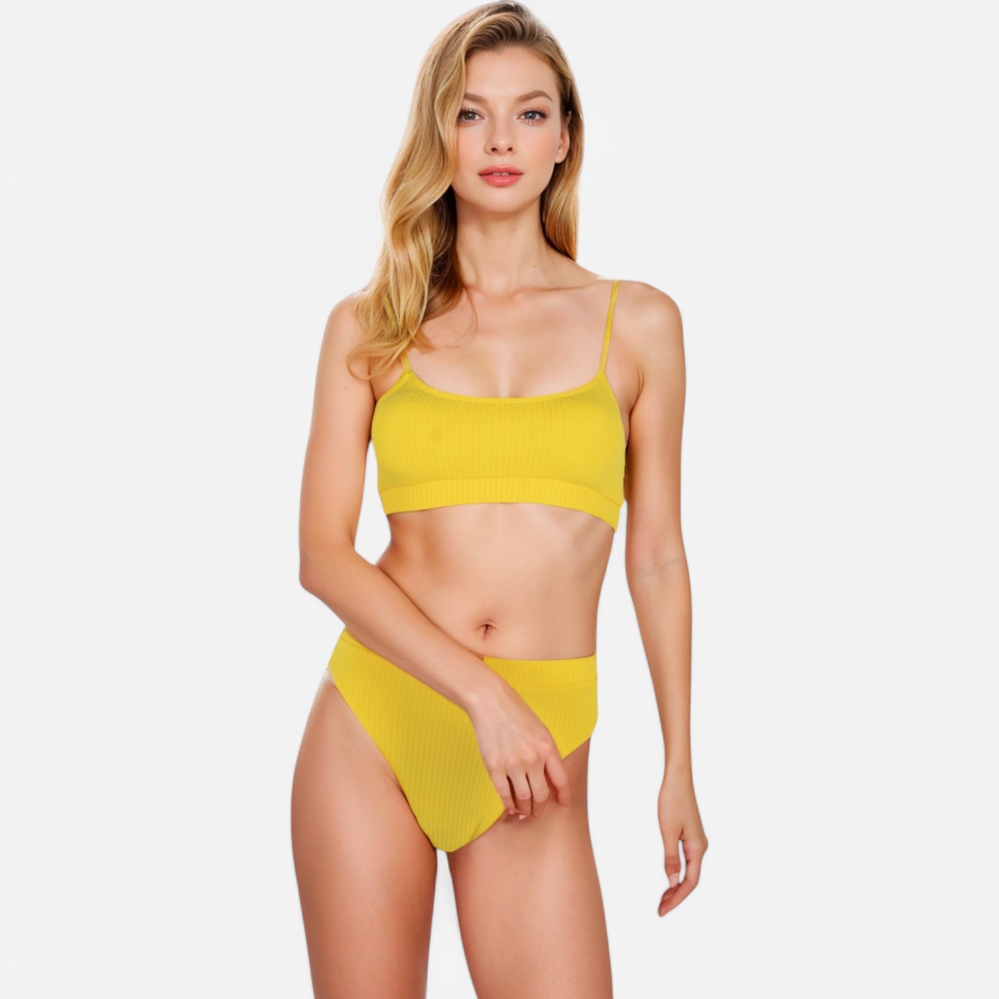Anna-Kaci Women's Ribbed Bikini Set with Scoop Neck Bralette and High Cut Bottoms