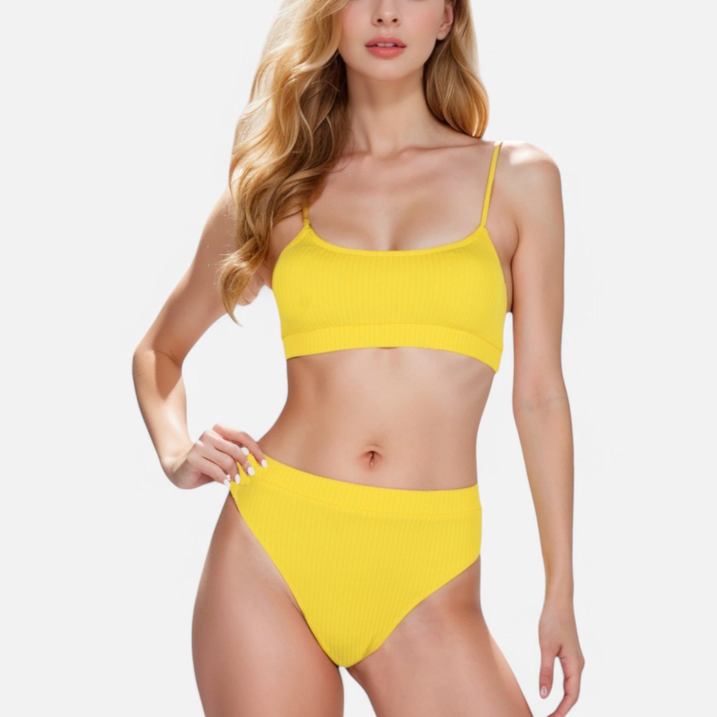 Anna-Kaci Women's Ribbed Bikini Set with Scoop Neck Bralette and High Cut Bottoms