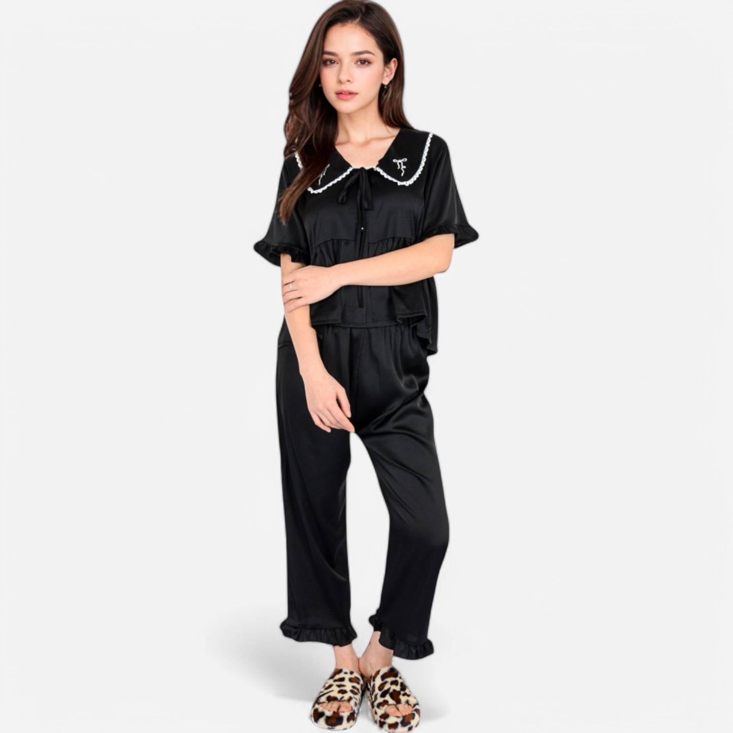 Anna-Kaci Lounge Women's Embroidered Collar Pajama Set with Ruffle Trim and Button-Up Top