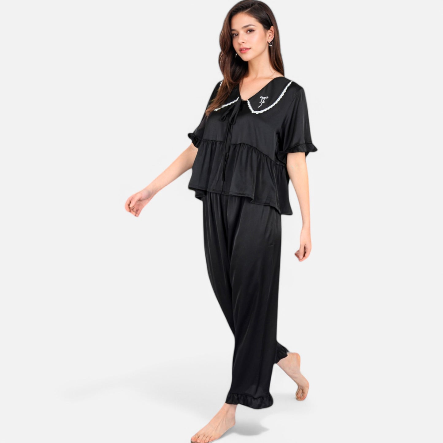 Anna-Kaci Lounge Women's Embroidered Collar Pajama Set with Ruffle Trim and Button-Up Top