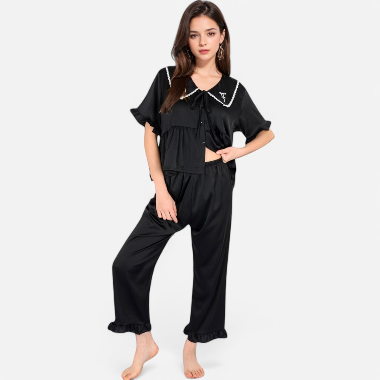 Anna-Kaci Lounge Women's Embroidered Collar Pajama Set with Ruffle Trim and Button-Up Top