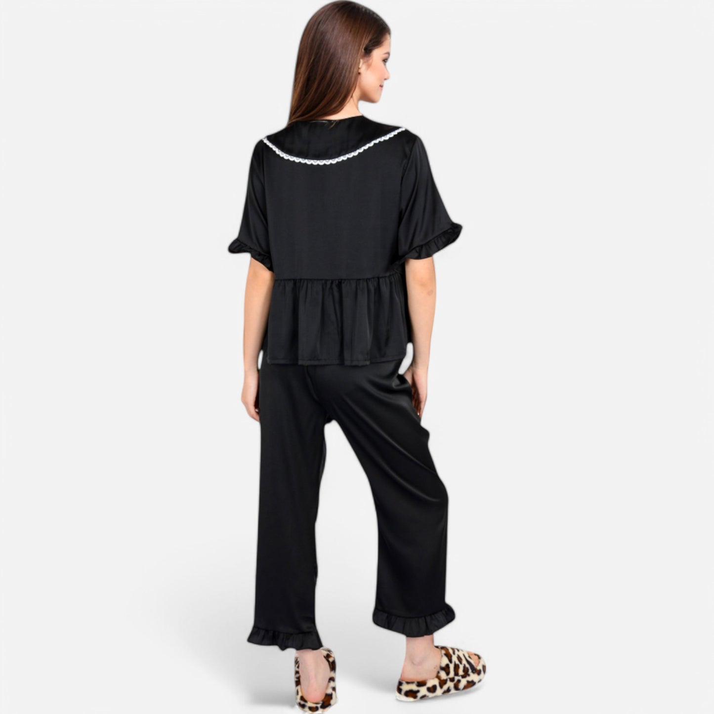 Anna-Kaci Lounge Women's Embroidered Collar Pajama Set with Ruffle Trim and Button-Up Top