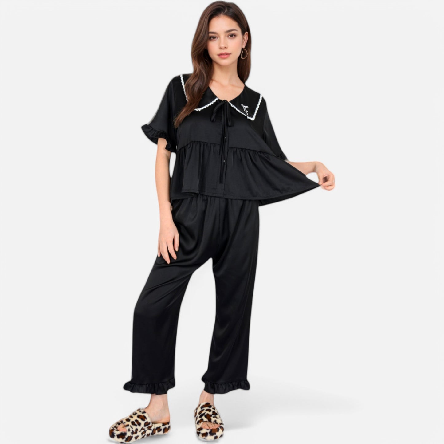 Anna-Kaci Lounge Women's Embroidered Collar Pajama Set with Ruffle Trim and Button-Up Top