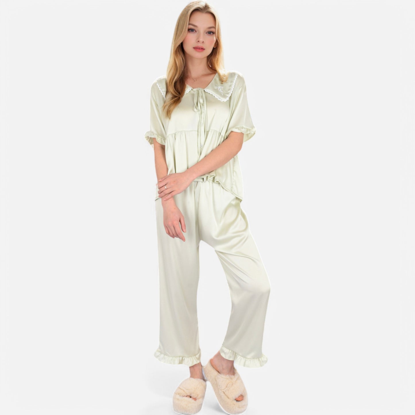 Anna-Kaci Lounge Women's Embroidered Collar Pajama Set with Ruffle Trim and Button-Up Top