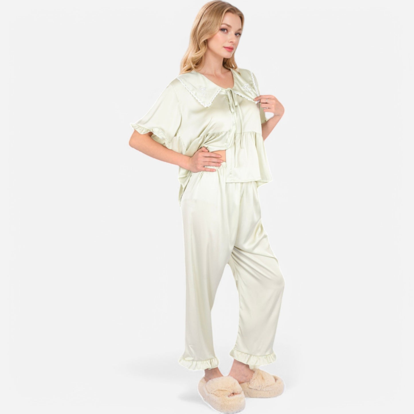 Anna-Kaci Lounge Women's Embroidered Collar Pajama Set with Ruffle Trim and Button-Up Top