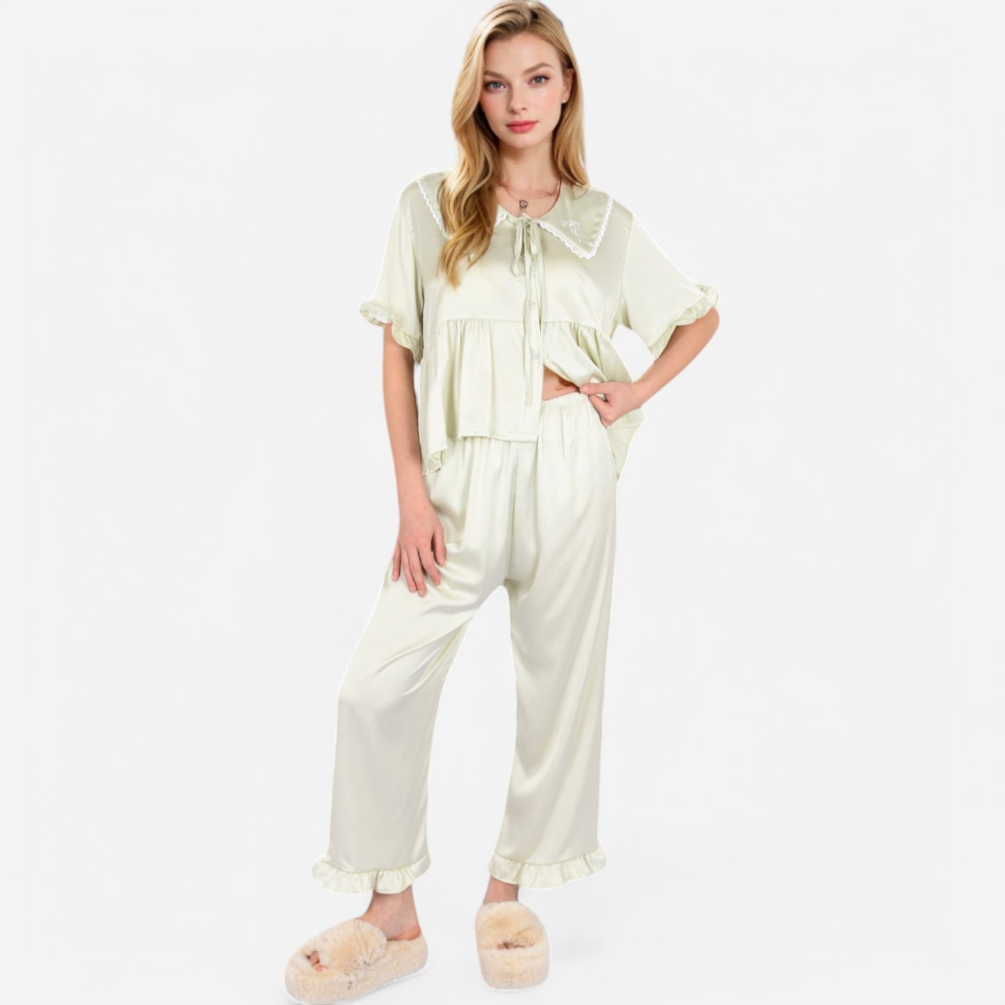 Anna-Kaci Lounge Women's Embroidered Collar Pajama Set with Ruffle Trim and Button-Up Top