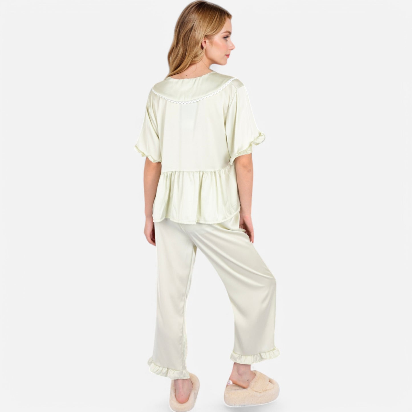 Anna-Kaci Lounge Women's Embroidered Collar Pajama Set with Ruffle Trim and Button-Up Top