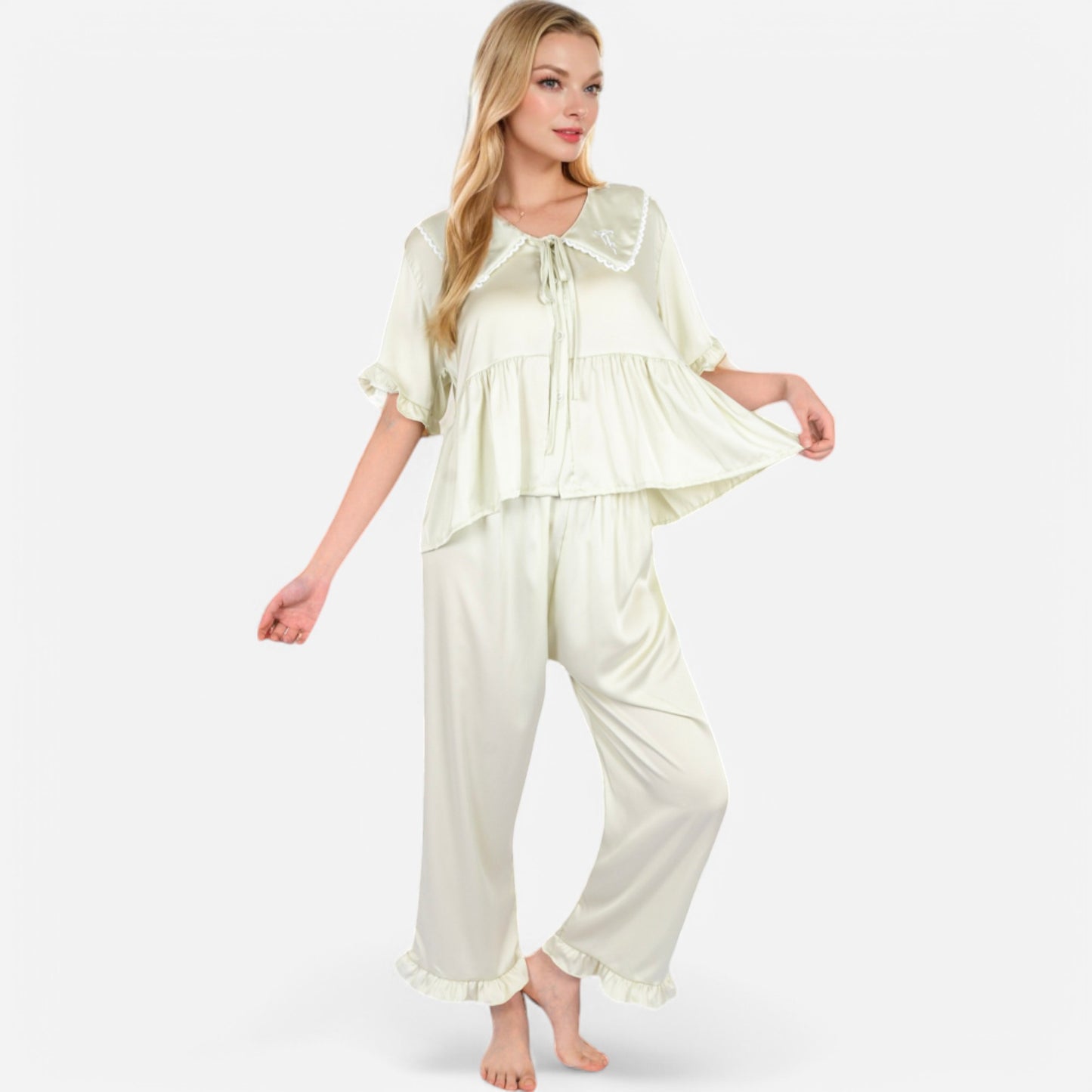 Anna-Kaci Lounge Women's Embroidered Collar Pajama Set with Ruffle Trim and Button-Up Top