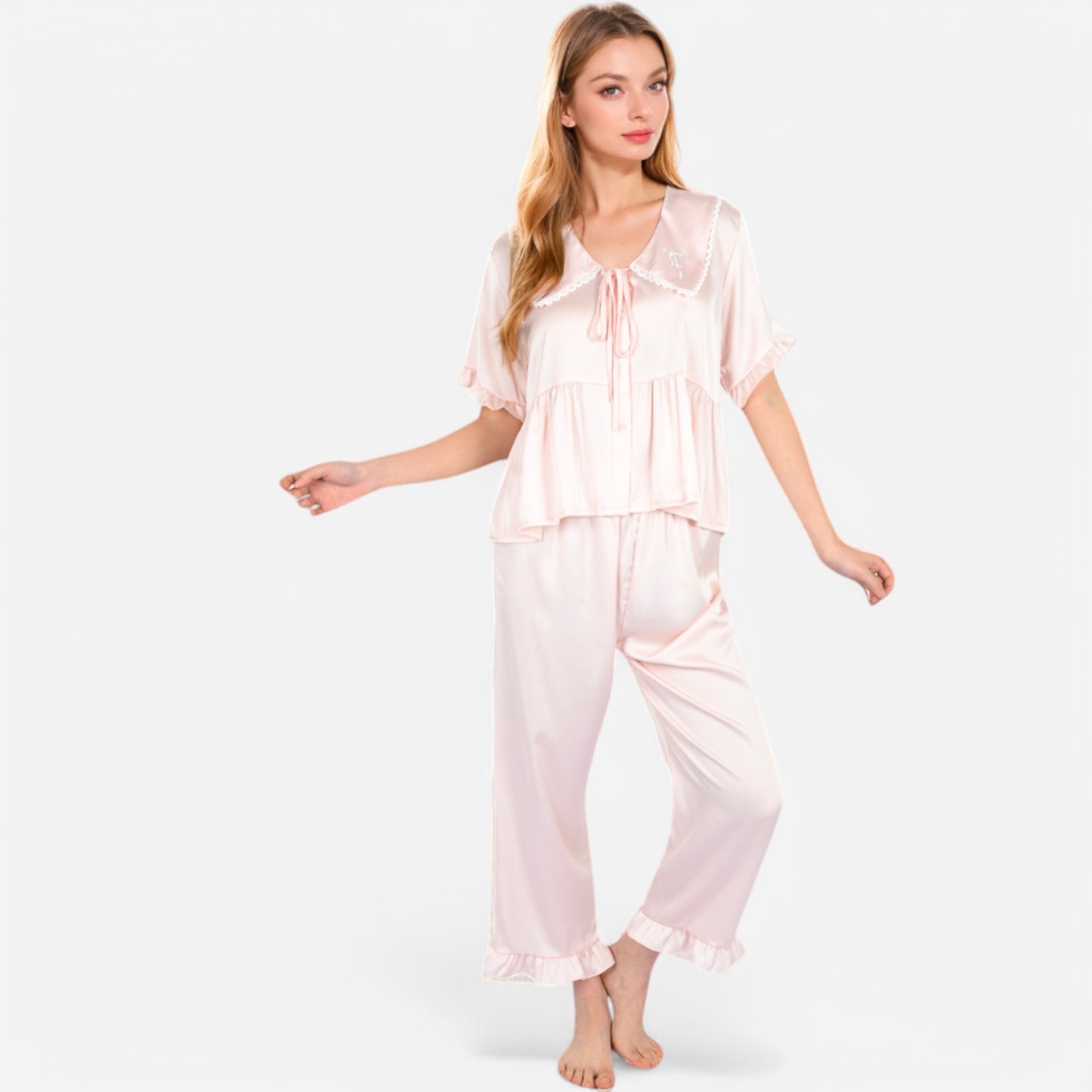 Anna-Kaci Lounge Women's Embroidered Collar Pajama Set with Ruffle Trim and Button-Up Top