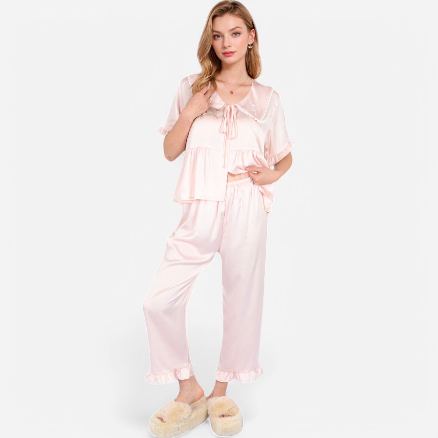 Anna-Kaci Lounge Women's Embroidered Collar Pajama Set with Ruffle Trim and Button-Up Top