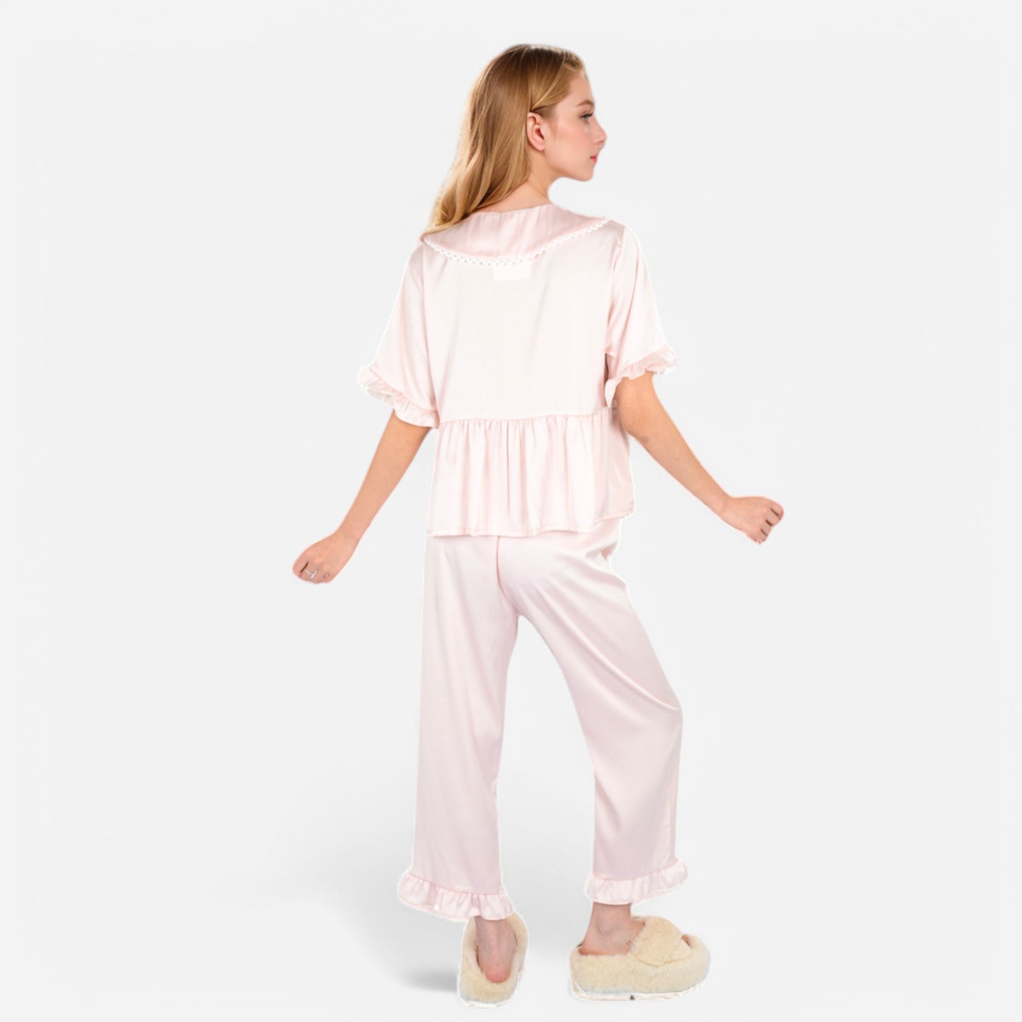 Anna-Kaci Lounge Women's Embroidered Collar Pajama Set with Ruffle Trim and Button-Up Top