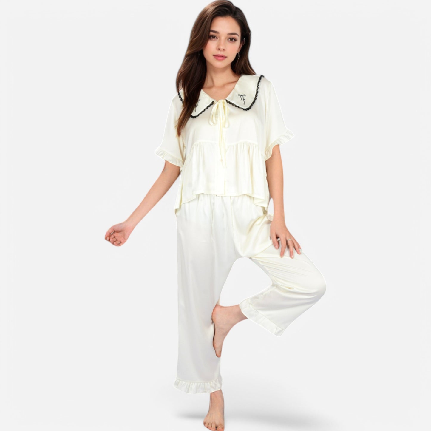 Anna-Kaci Lounge Women's Embroidered Collar Pajama Set with Ruffle Trim and Button-Up Top