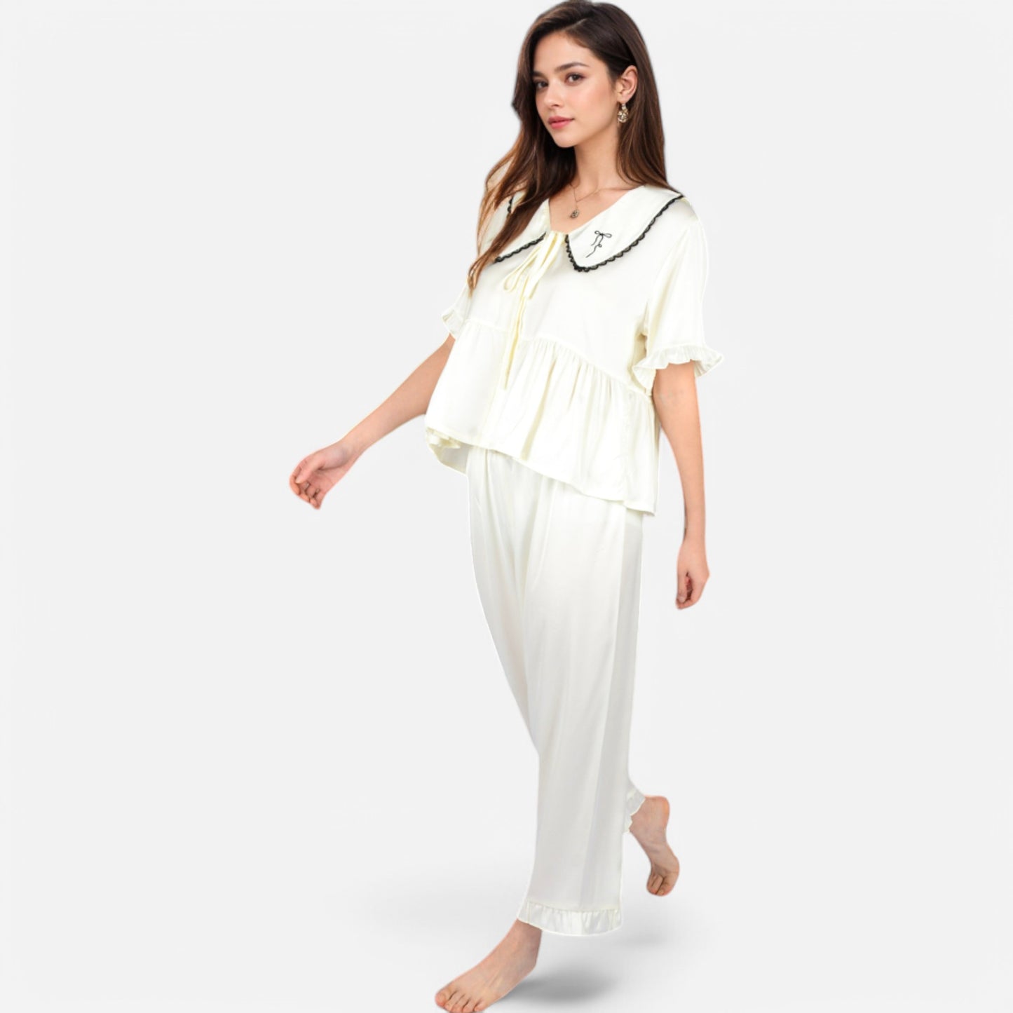 Anna-Kaci Lounge Women's Embroidered Collar Pajama Set with Ruffle Trim and Button-Up Top