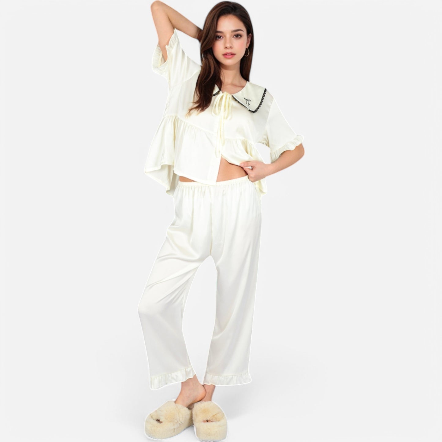Anna-Kaci Lounge Women's Embroidered Collar Pajama Set with Ruffle Trim and Button-Up Top