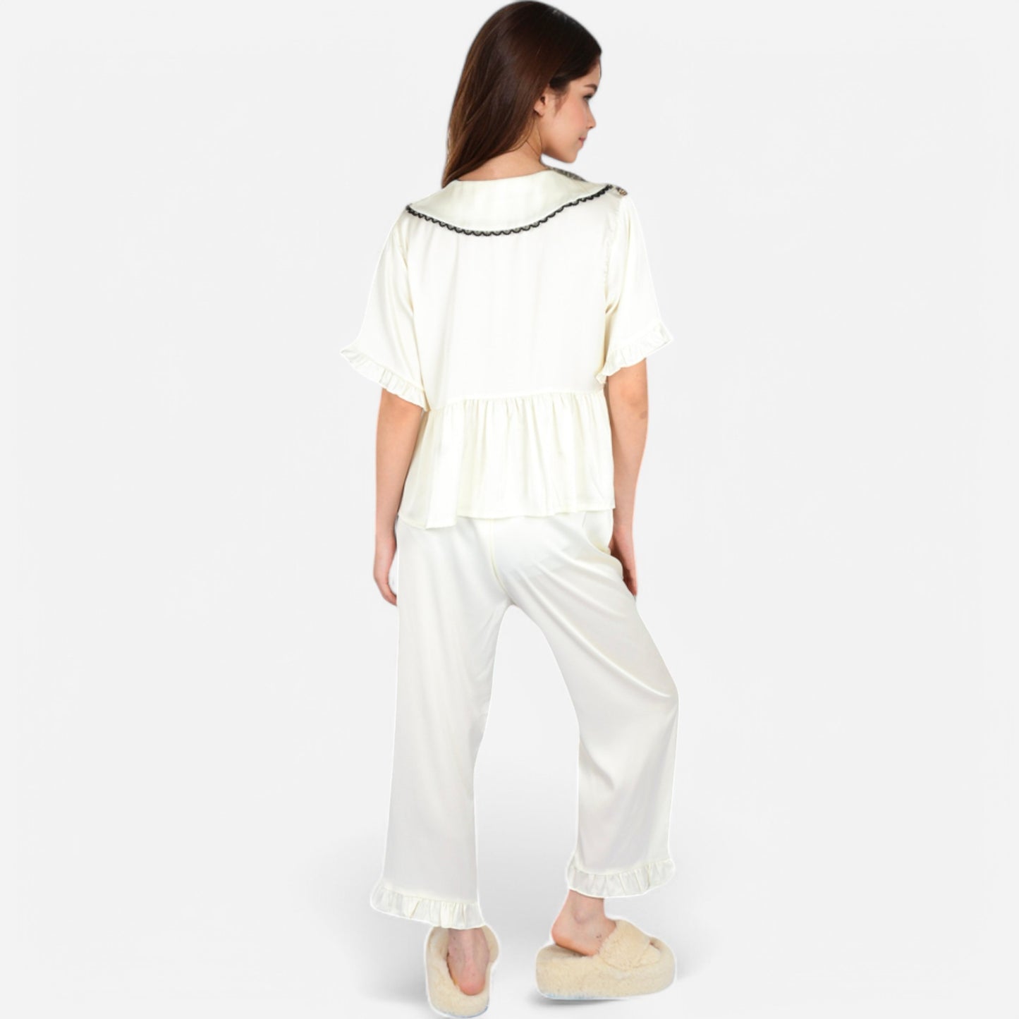 Anna-Kaci Lounge Women's Embroidered Collar Pajama Set with Ruffle Trim and Button-Up Top