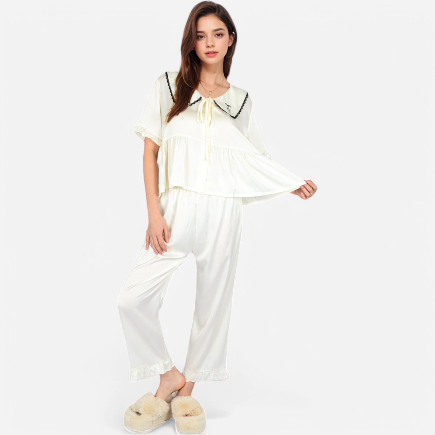 Anna-Kaci Lounge Women's Embroidered Collar Pajama Set with Ruffle Trim and Button-Up Top