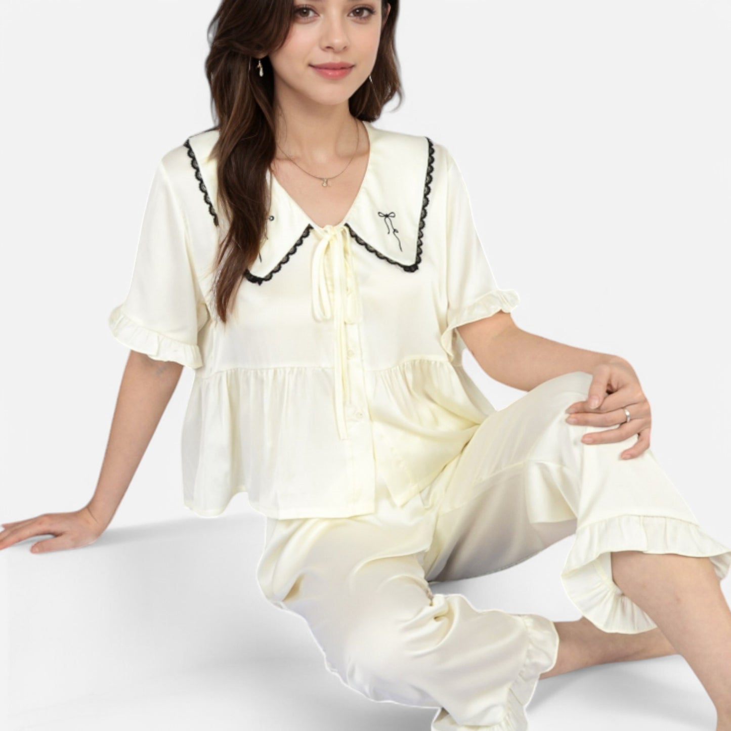 Anna-Kaci Lounge Women's Embroidered Collar Pajama Set with Ruffle Trim and Button-Up Top