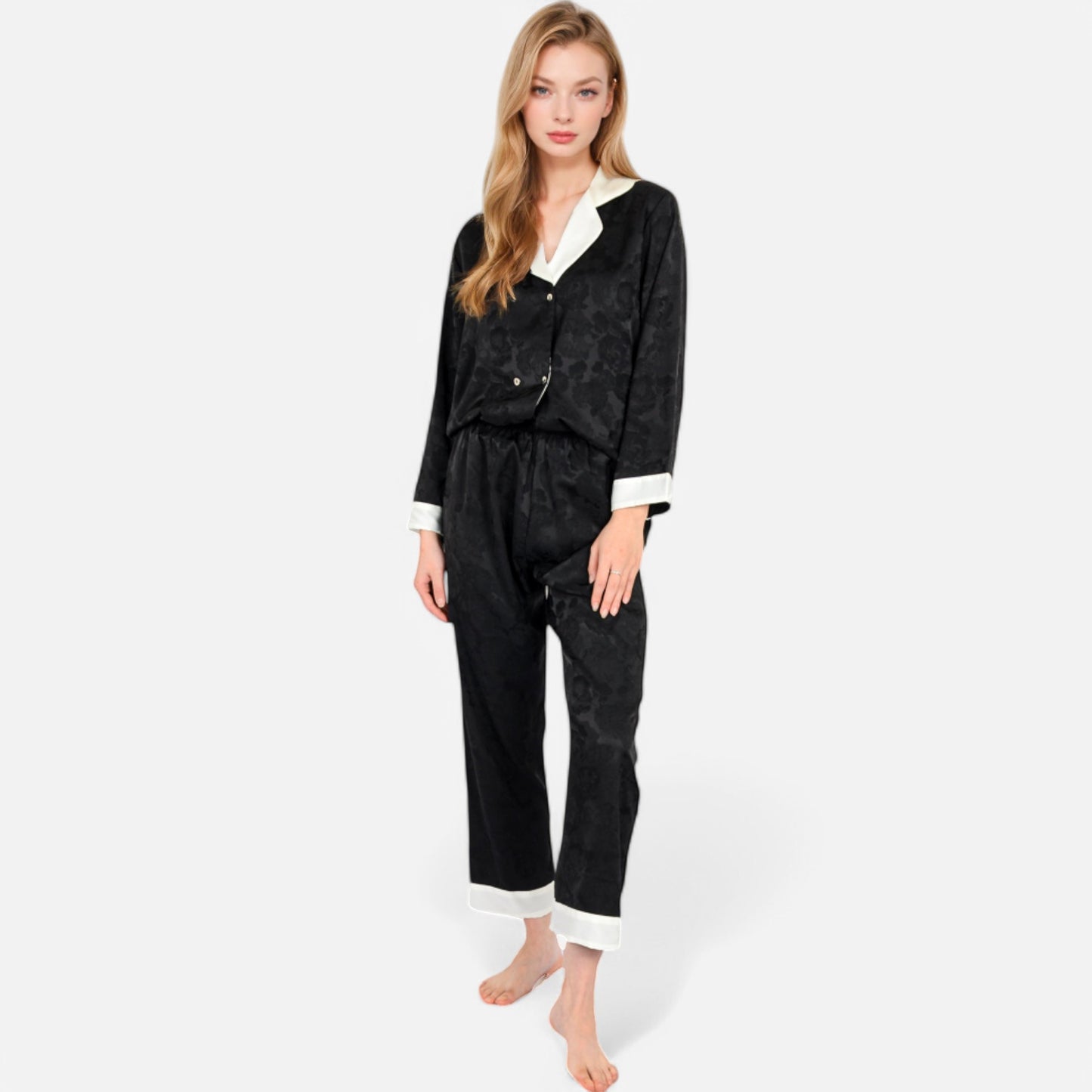 Anna-Kaci Lounge Women's Satin Pajama Set with Contrast Trim and Button-Up Top