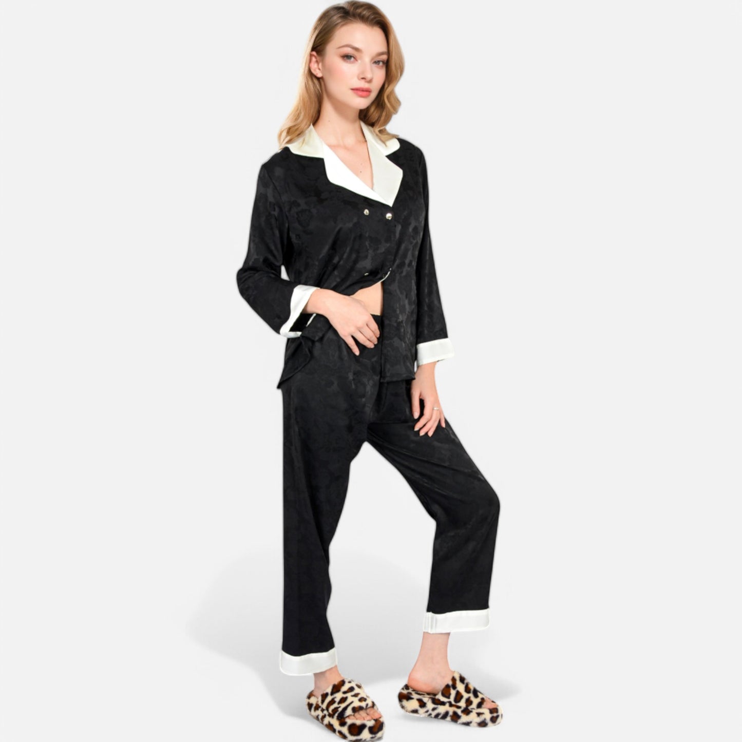 Anna-Kaci Lounge Women's Satin Pajama Set with Contrast Trim and Button-Up Top