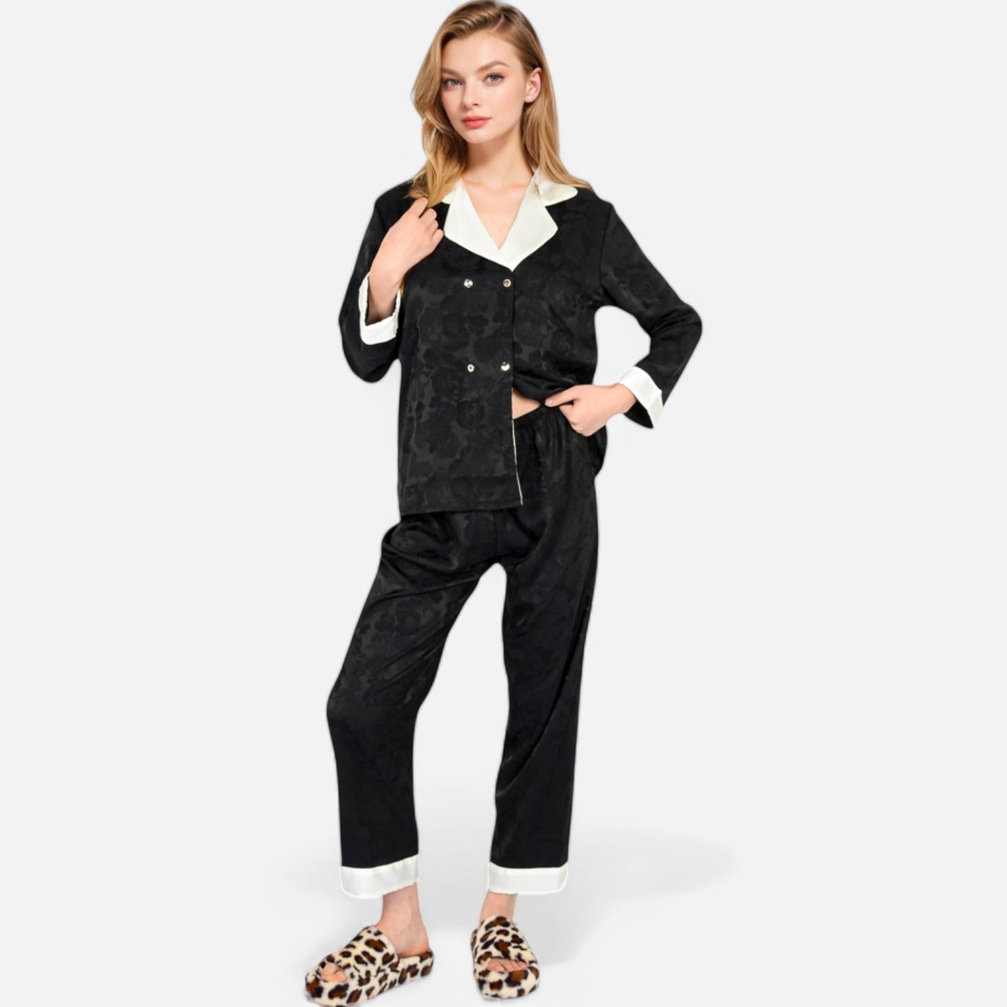 Anna-Kaci Lounge Women's Satin Pajama Set with Contrast Trim and Button-Up Top