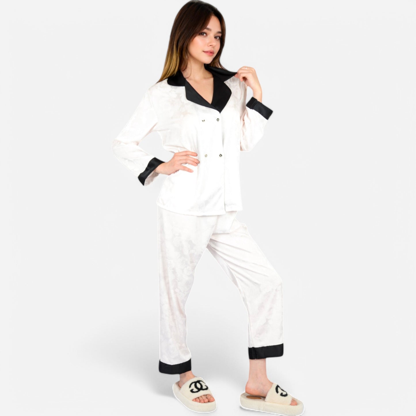 Anna-Kaci Lounge Women's Satin Pajama Set with Contrast Trim and Button-Up Top