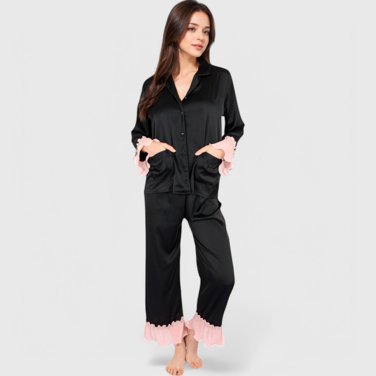 Anna-Kaci Lounge Women's Satin Pajama Set with Ruffled Cuffs and Button-Up Top