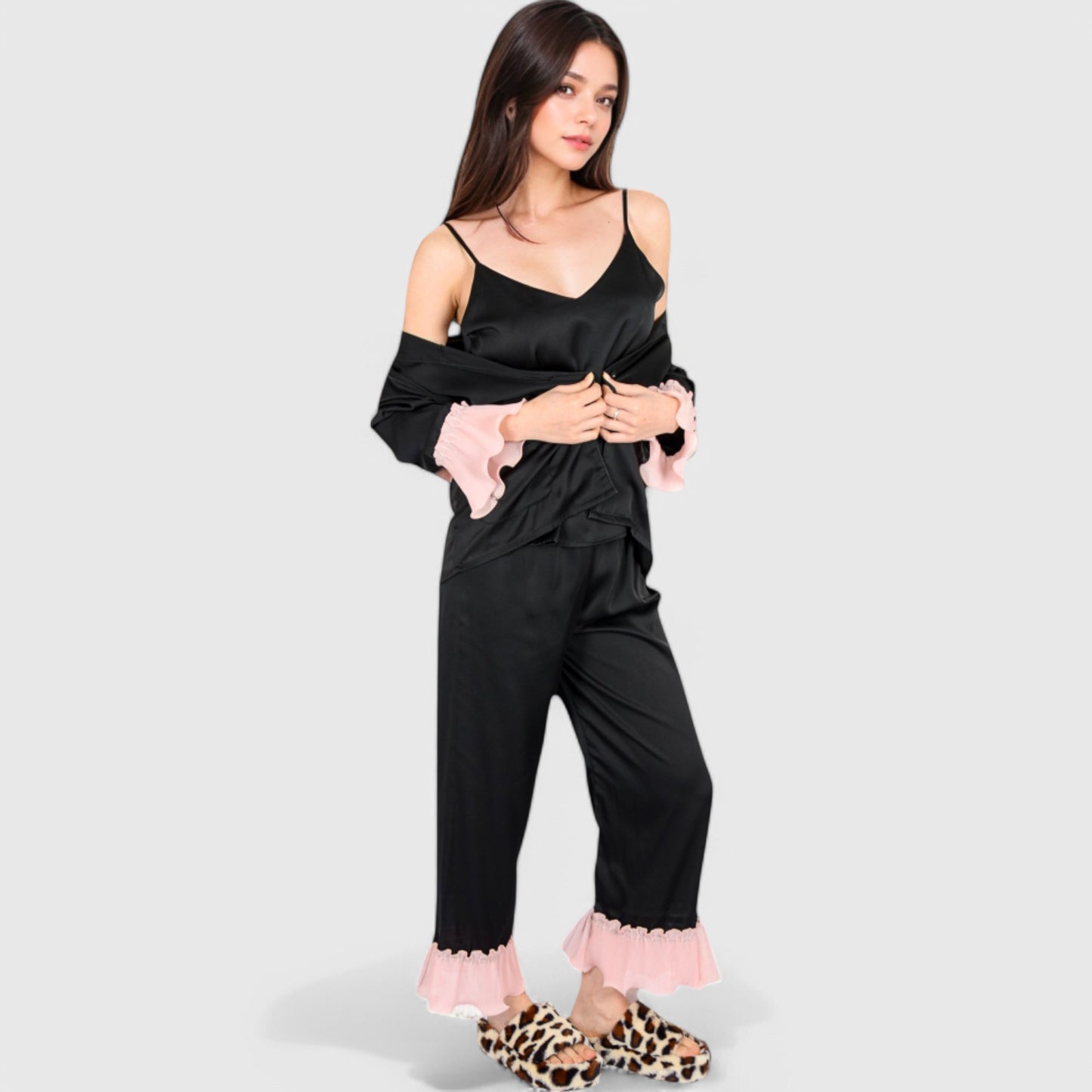 Anna-Kaci Lounge Women's Satin Pajama Set with Ruffled Cuffs and Button-Up Top
