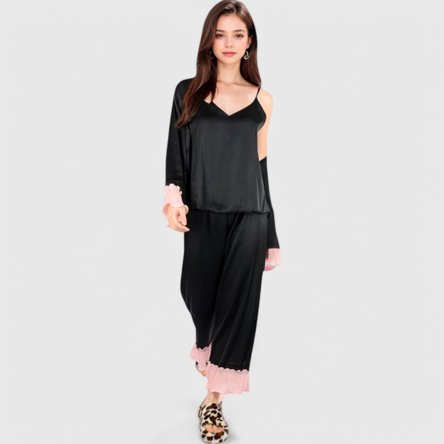 Anna-Kaci Lounge Women's Satin Pajama Set with Ruffled Cuffs and Button-Up Top