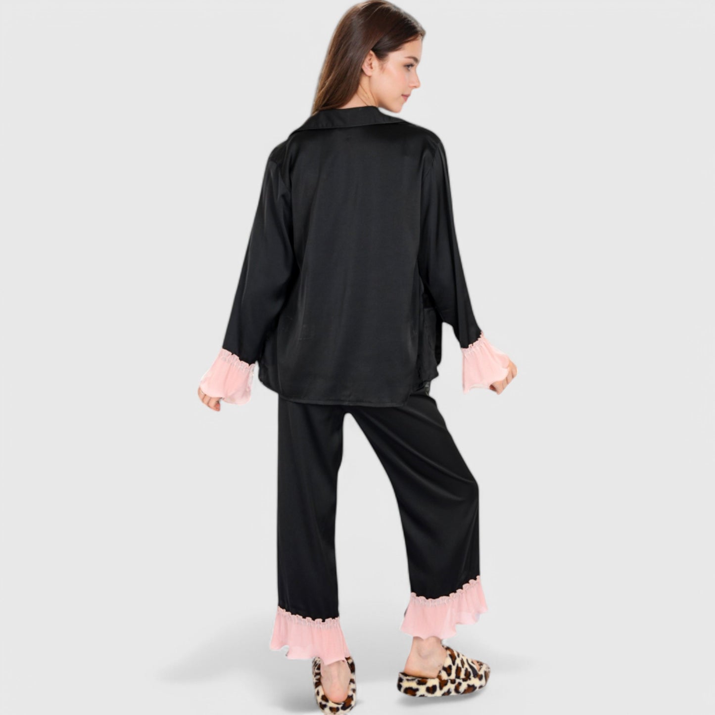 Anna-Kaci Lounge Women's Satin Pajama Set with Ruffled Cuffs and Button-Up Top