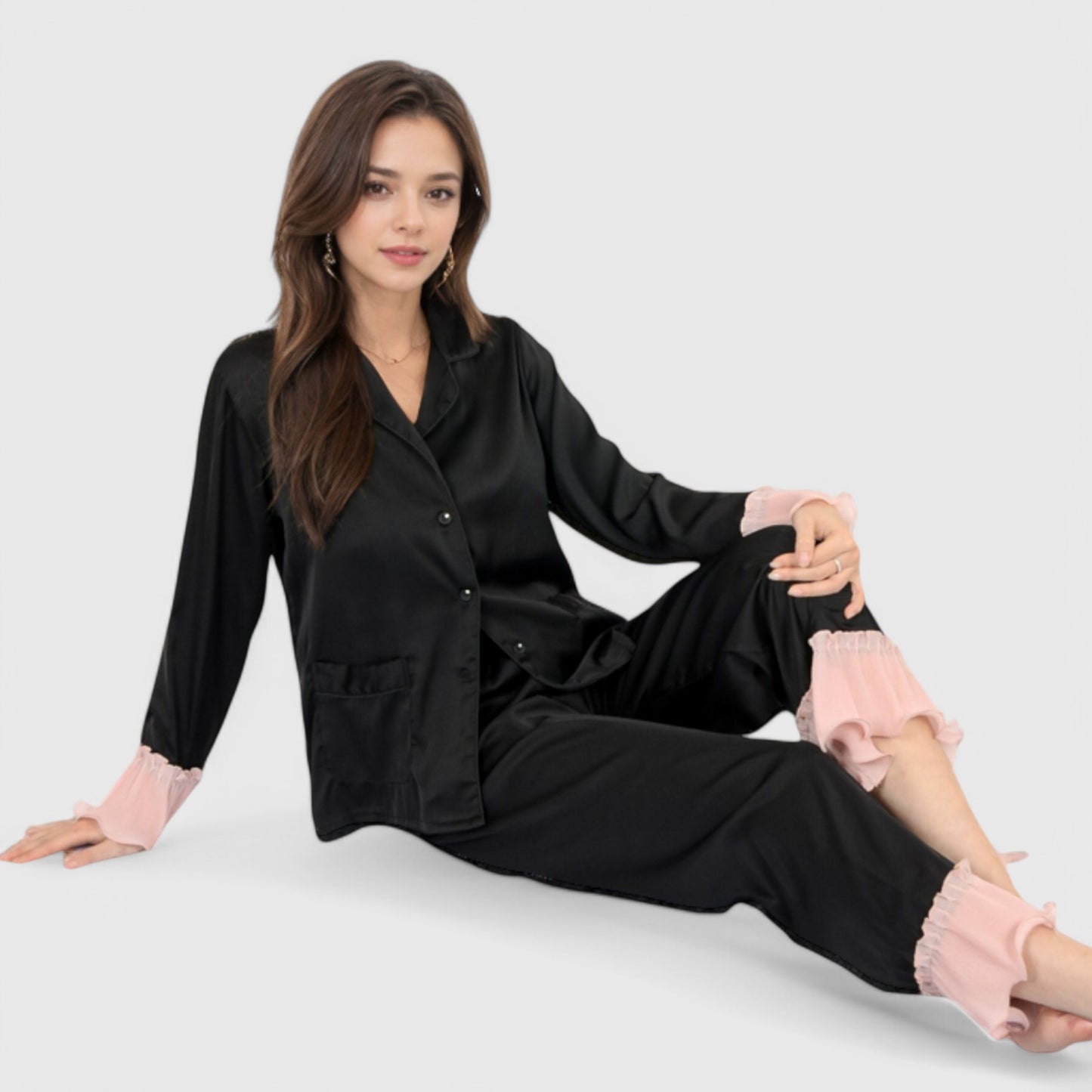Anna-Kaci Lounge Women's Satin Pajama Set with Ruffled Cuffs and Button-Up Top