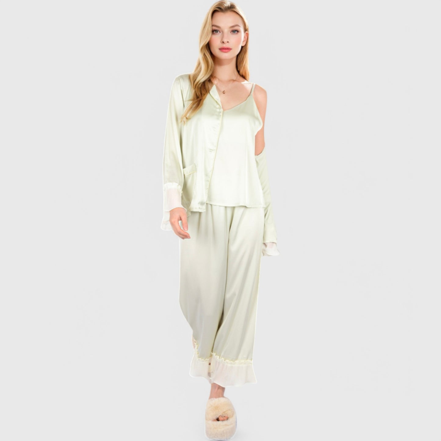 Anna-Kaci Lounge Women's Satin Pajama Set with Ruffled Cuffs and Button-Up Top