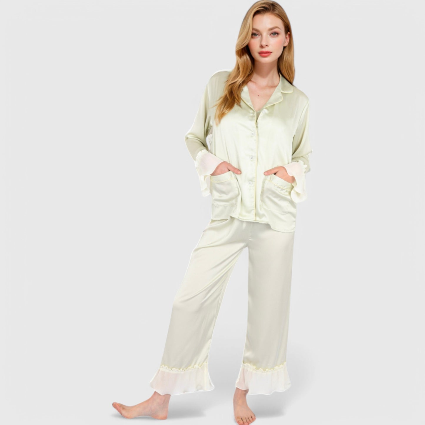 Anna-Kaci Lounge Women's Satin Pajama Set with Ruffled Cuffs and Button-Up Top