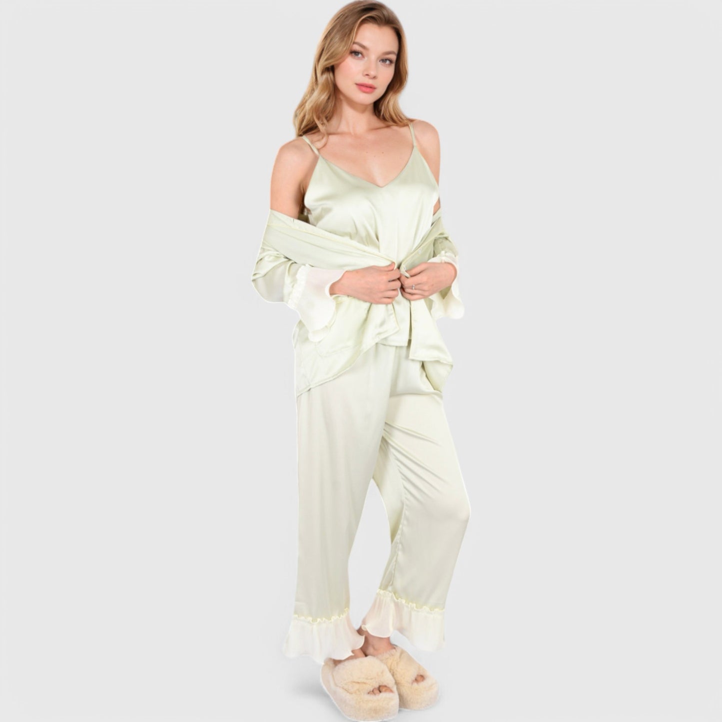 Anna-Kaci Lounge Women's Satin Pajama Set with Ruffled Cuffs and Button-Up Top