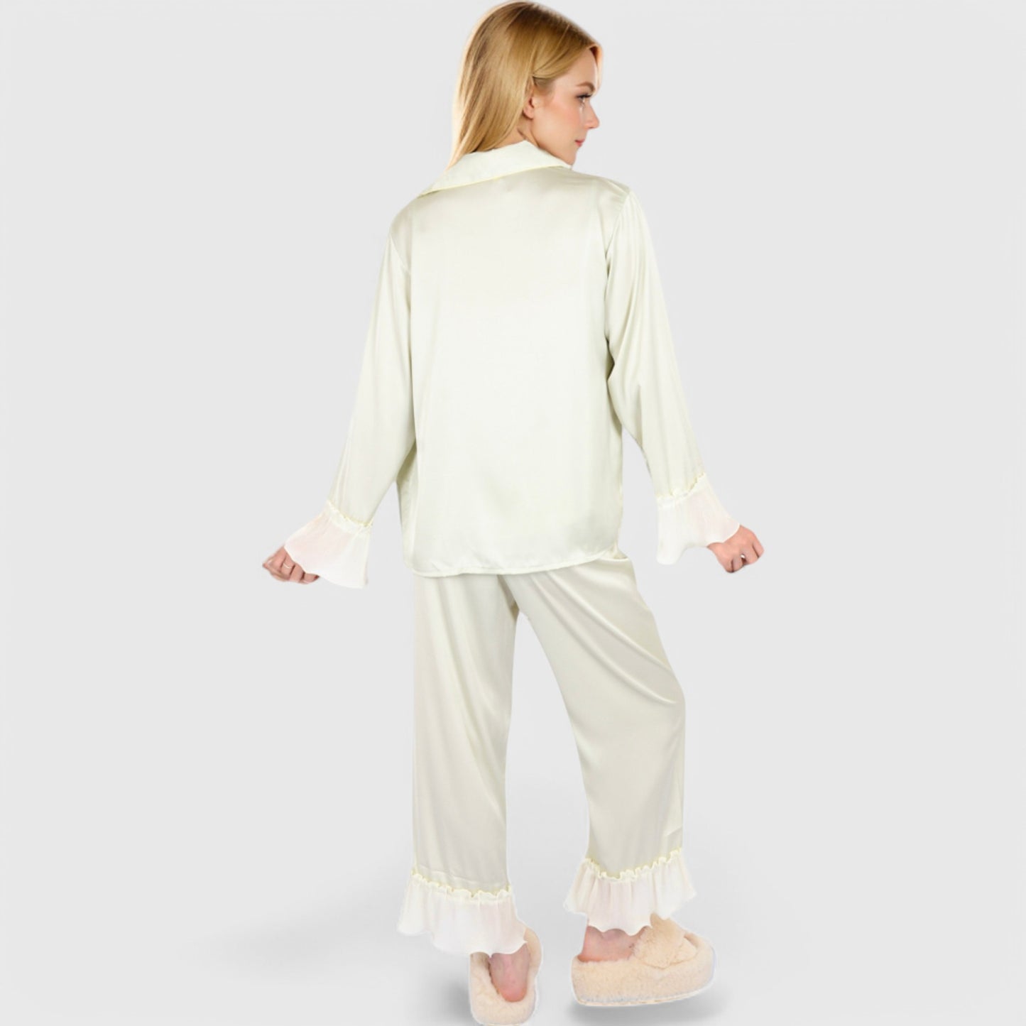 Anna-Kaci Lounge Women's Satin Pajama Set with Ruffled Cuffs and Button-Up Top
