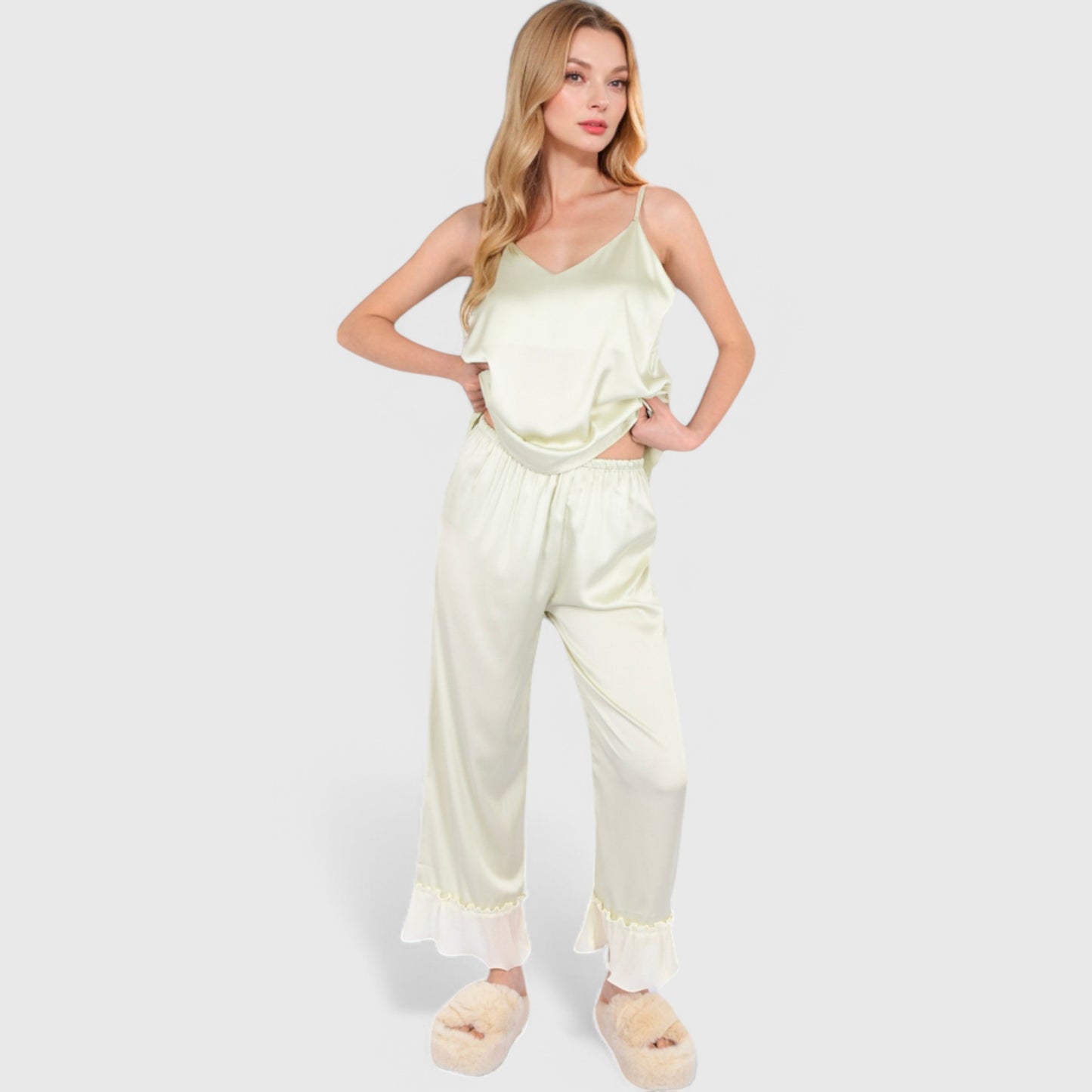 Anna-Kaci Lounge Women's Satin Pajama Set with Ruffled Cuffs and Button-Up Top