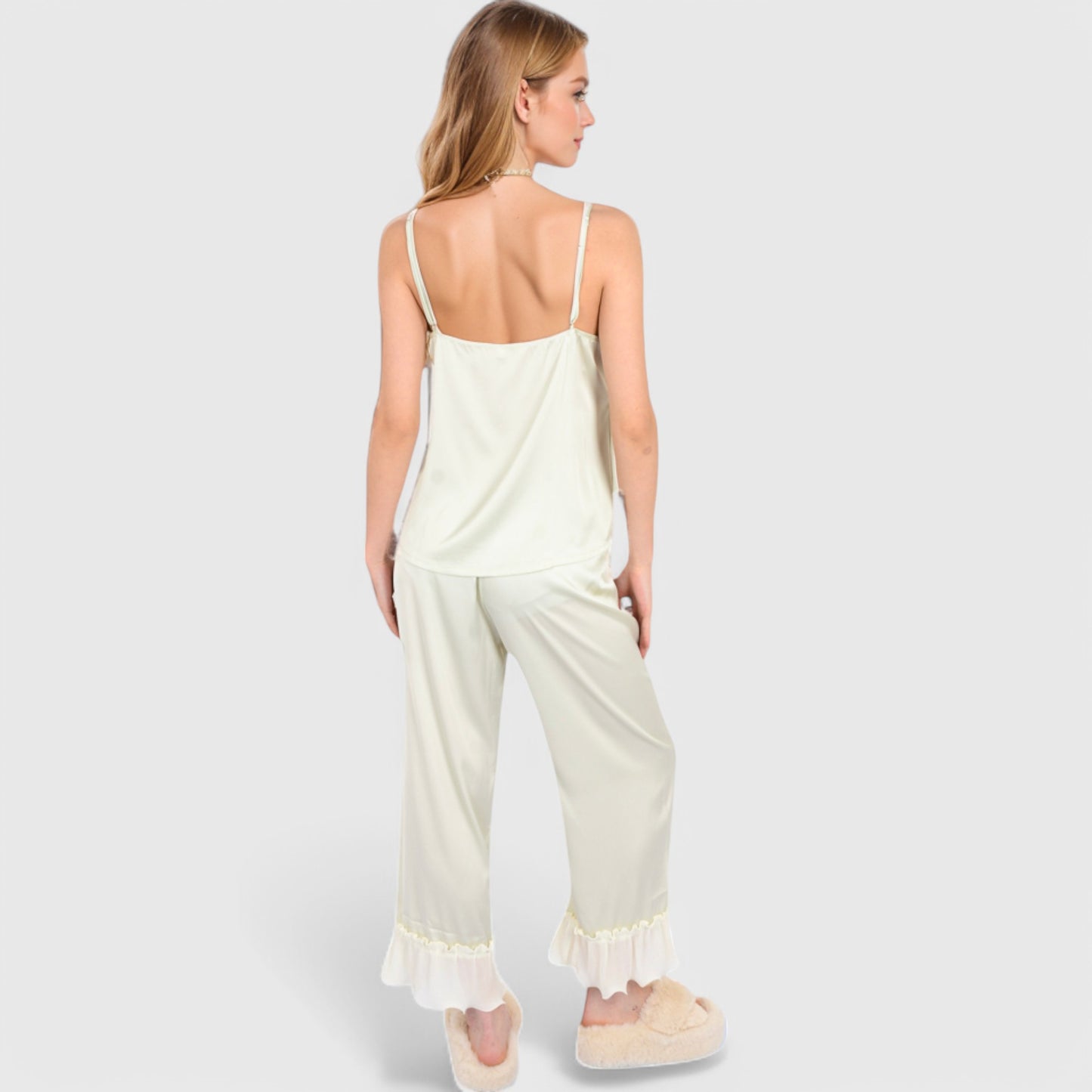 Anna-Kaci Lounge Women's Satin Pajama Set with Ruffled Cuffs and Button-Up Top