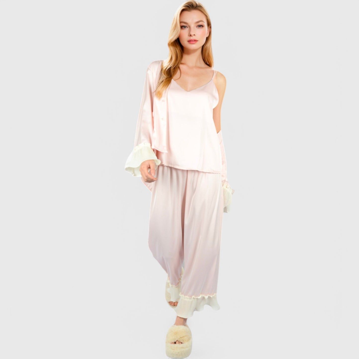 Anna-Kaci Lounge Women's Satin Pajama Set with Ruffled Cuffs and Button-Up Top