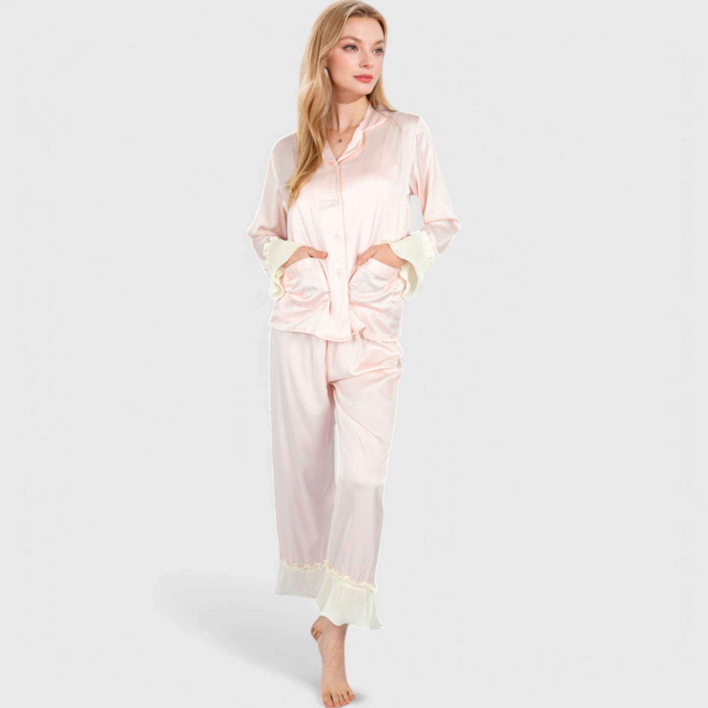 Anna-Kaci Lounge Women's Satin Pajama Set with Ruffled Cuffs and Button-Up Top