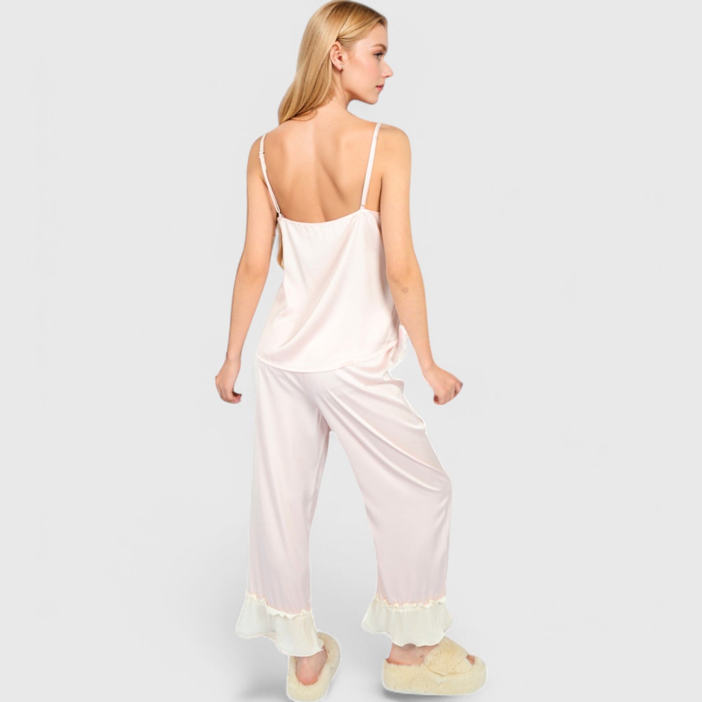 Anna-Kaci Lounge Women's Satin Pajama Set with Ruffled Cuffs and Button-Up Top