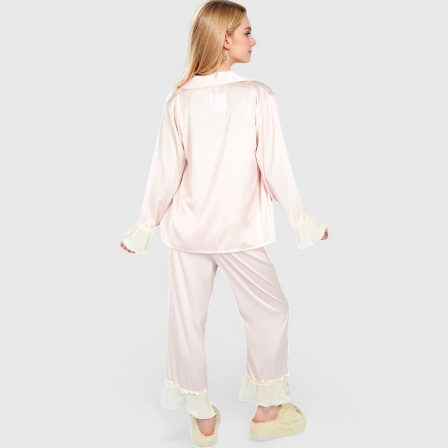 Anna-Kaci Lounge Women's Satin Pajama Set with Ruffled Cuffs and Button-Up Top