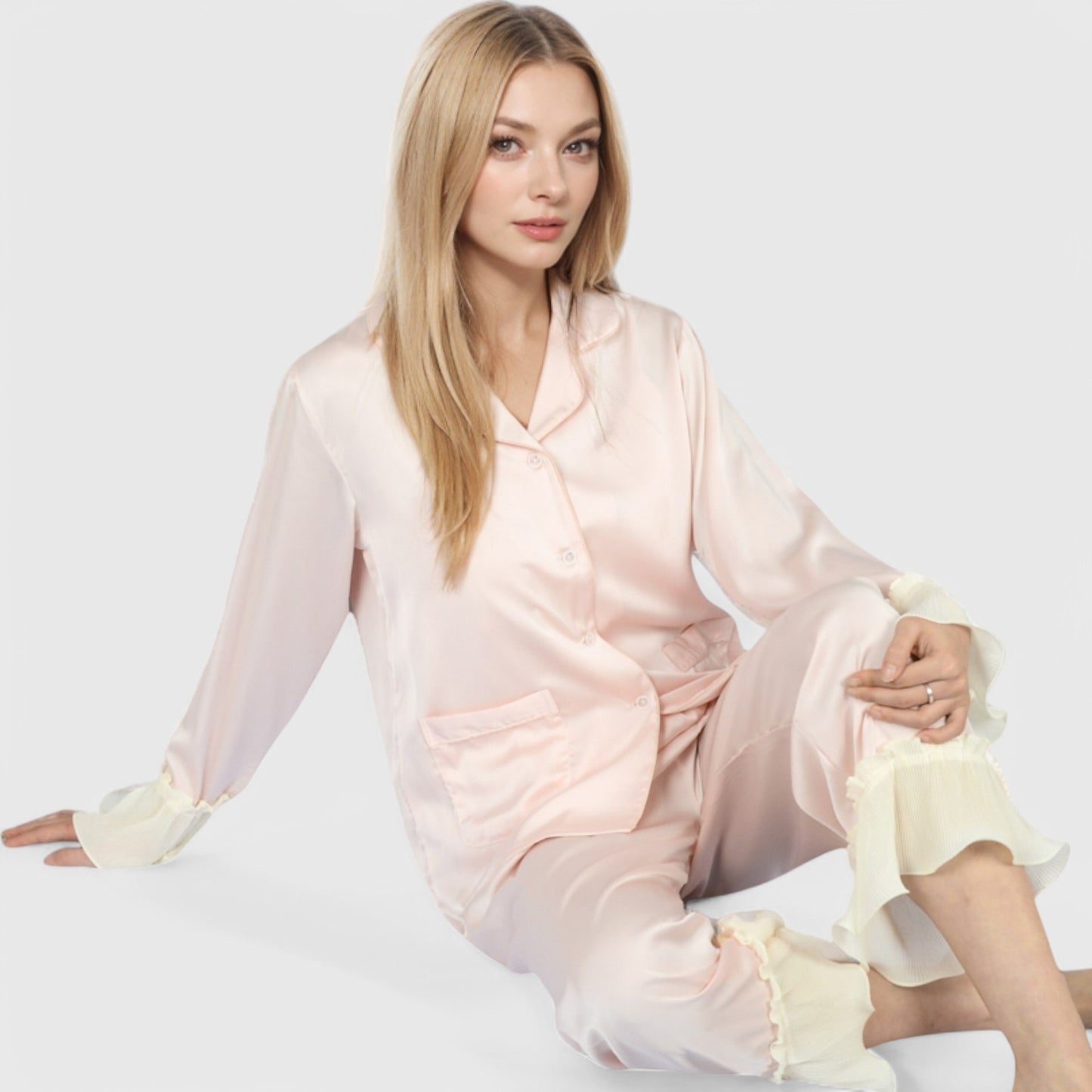 Anna-Kaci Lounge Women's Satin Pajama Set with Ruffled Cuffs and Button-Up Top