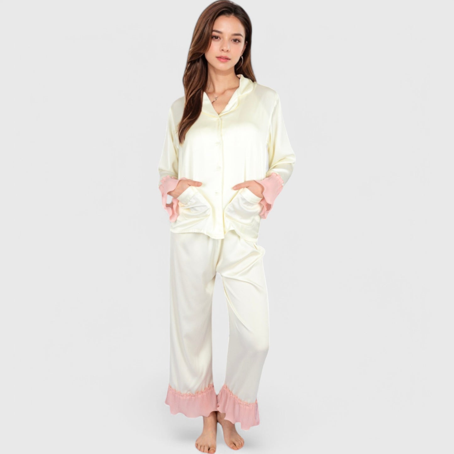 Anna-Kaci Lounge Women's Satin Pajama Set with Ruffled Cuffs and Button-Up Top