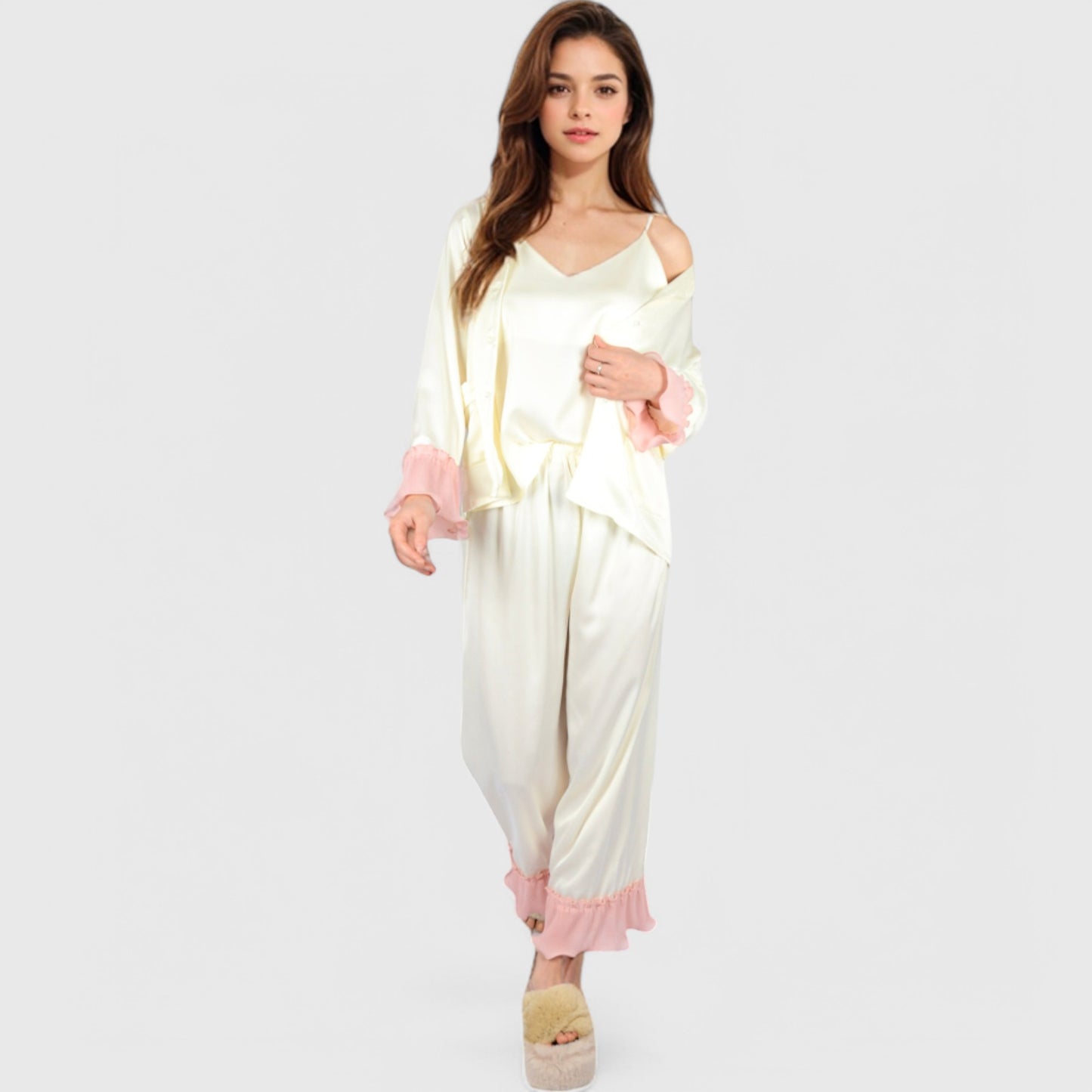 Anna-Kaci Lounge Women's Satin Pajama Set with Ruffled Cuffs and Button-Up Top