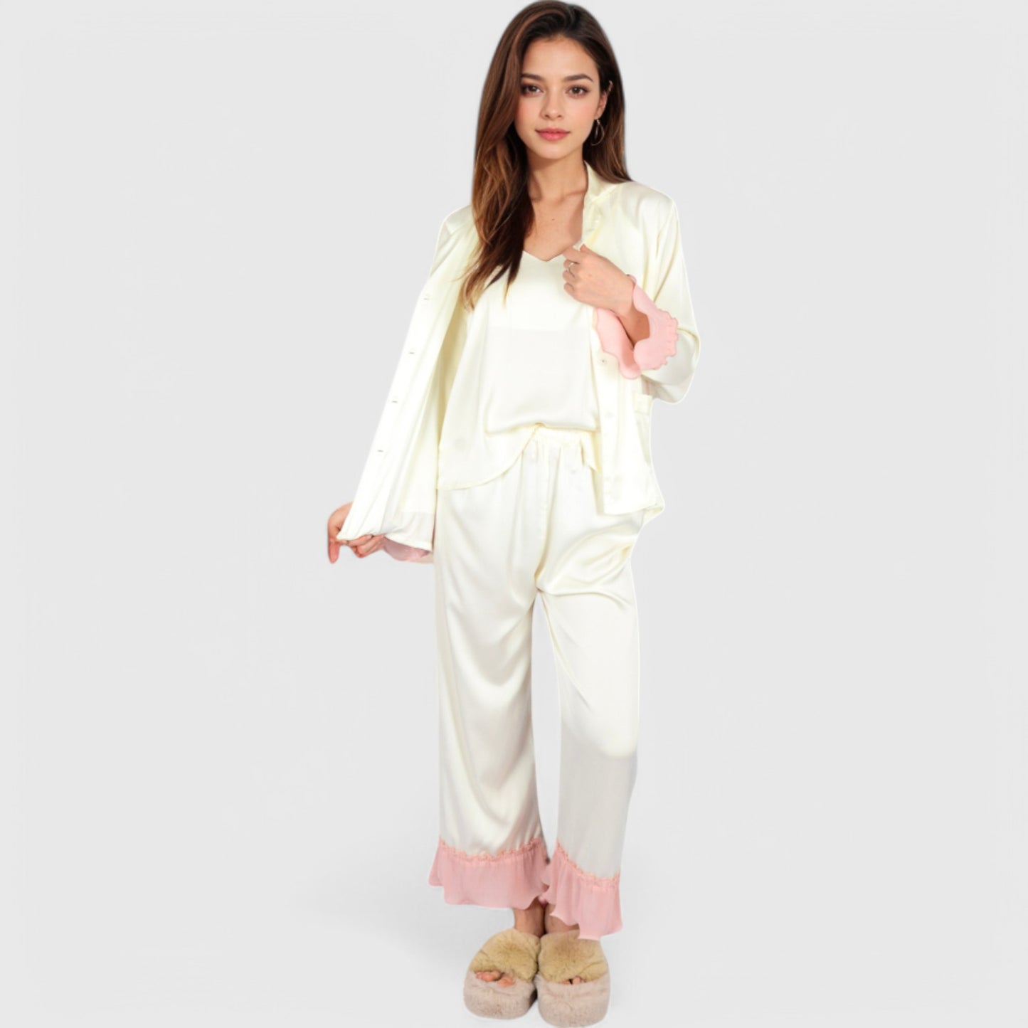 Anna-Kaci Lounge Women's Satin Pajama Set with Ruffled Cuffs and Button-Up Top